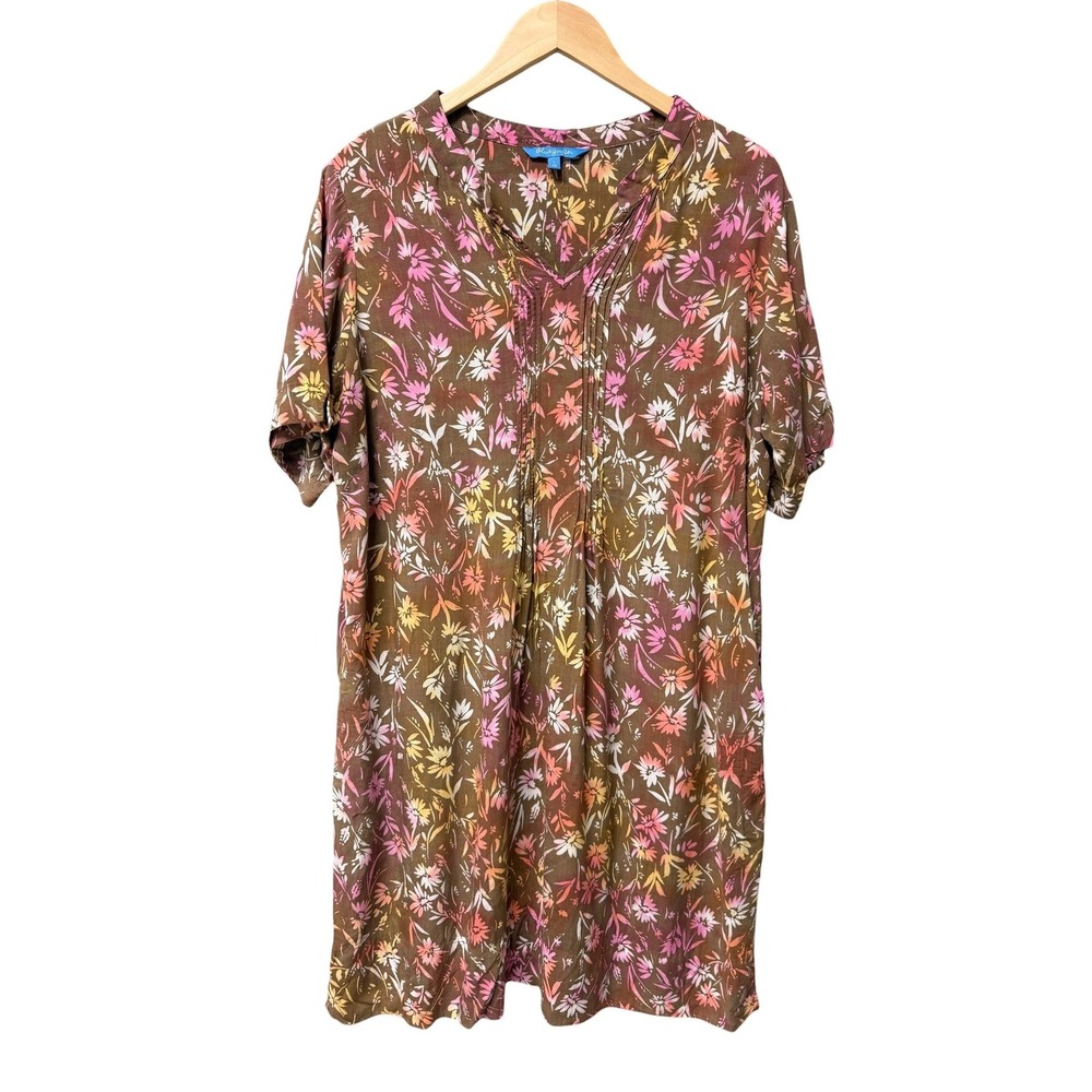 Blue Ginger Dress Womens Large Brown Floral Rayon Short Sleeve Tropical Hawaiian